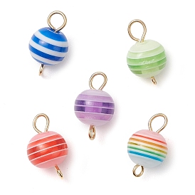 5Pcs 5 Colors Striped Resin Round Connector Charms, with Golden Brass Tone Loops