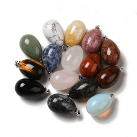 Mixed Gemstone Pendants, Teardrop Charms, with Platinum Plated Brass Snap on Bails