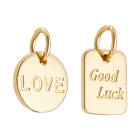 12Pcs 2 Style Brass Charms, with Jump Rings, Long-Lasting Plated, Rectangle & Flat Round