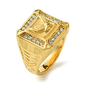 Square with Bird 304 Stainless Steel Rhinestone Signet Rings, Wide Band Ring for Men