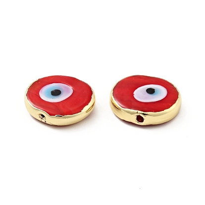 Rack Plating Handmade Evil Eye Lampwork Beads, with Brass Findings, Long-Lasting Plated, Flat Round