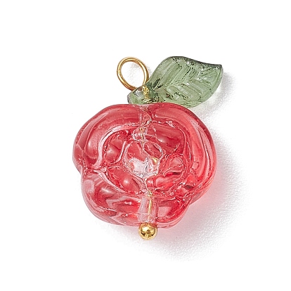 Glass Pendants, with Brass Loop and Acrylic Leaf, Rose Flower