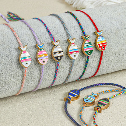 Регулируемые браслеты с подвесками в виде рыбок из эмали из сплава, плетеные браслеты из хлопкового шнура для женщин, золотые