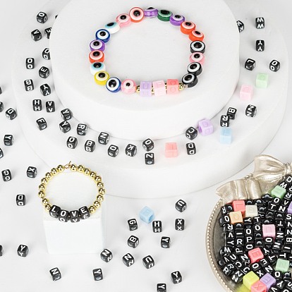 DIY Jewelry Making Kits, Including 2300Pcs Cube Opaque Acrylic Letter A~Z  Beads, 50Pcs Cube with Letter Acrylic Beads and Elastic Crystal Thread