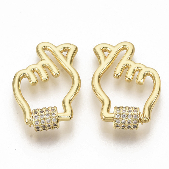Brass Micro Pave Clear Cubic Zirconia Screw Carabiner Lock Charms, for Necklaces Making, Gesture for Finger Heart, Real 16K Gold Plated