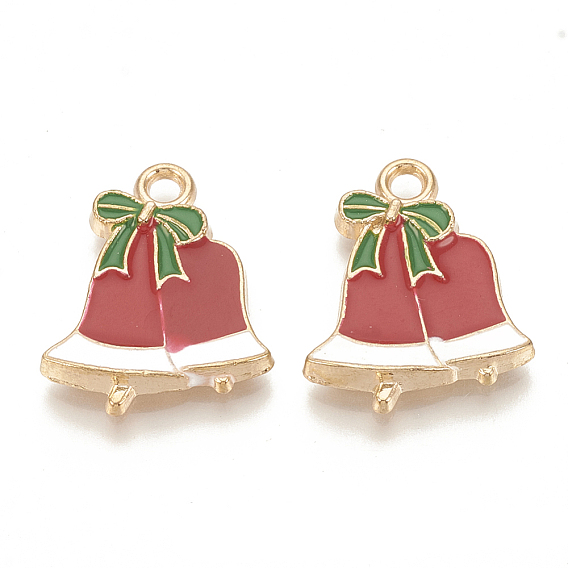 Alloy Enamel Pendants, Cadmium Free & Lead Free, Christmas Bell, Light Gold