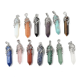 Natural & Synthetic Gemstone Pendants, Bullet Charms, with Rack Plating Brass Leaf Findings, Cadmium Free & Lead Free