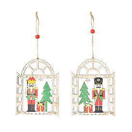 Ventana de madera con tema navideño con decoraciones colgantes de soldado., Con cuentas de madera y adornos colgantes para árboles de Navidad con cordón de cáñamo.