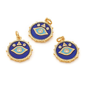 Brass Micro Pave Cubic Zirconia Pendants, with Jump Rings and Enamel, Flat Round with Evil Eye
