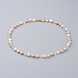 Cultured Freshwater Pearl Beaded Necklaces, with Faceted Rondelle Glass Beads, Brass Beads & Screw Clasps, Cardboard Box