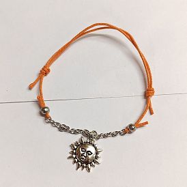 Sun Tibetan Style Alloy Charm Bracelet with 304 Stainless Steel Cable Chain for Women, Waxed Cotton Cord Adjustable Bracelet