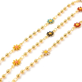 Handmade Brass Link Chains, with Round Beads, Long-Lasting Plated, Soldered, with Spool, Flower with Enamel, Golden