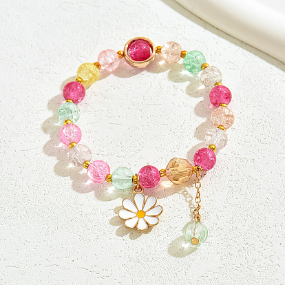 Модные браслеты с подвесками в виде ромашки из эмали из сплава, со стеклянной круглых бусин, простой женский ювелирный аксессуар