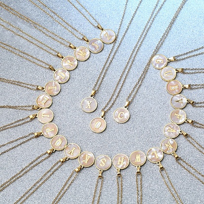 Плоские круглые ожерелья с инициалами из нержавеющей стали с натуральными белыми ракушками для женщин, золотые, цвет морской раковины