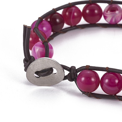 Natural Striped Agate/Banded Agate Cord Bracelets, with Cowhide Leather Cord and 304 Stainless Steel Sewing Buttons