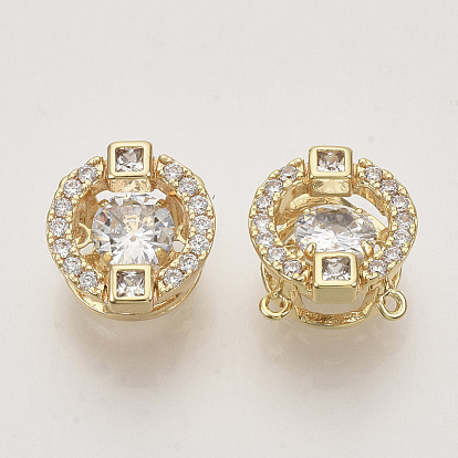 Brass Micro Pave Clear Cubic Zirconia Charms, Nickel Free, Flat Round