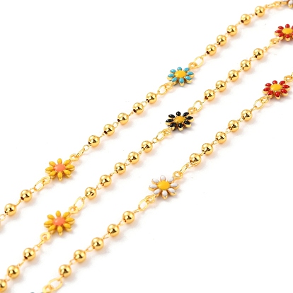 Handmade Brass Link Chains, with Round Beads, Long-Lasting Plated, Soldered, with Spool, Flower with Enamel, Golden
