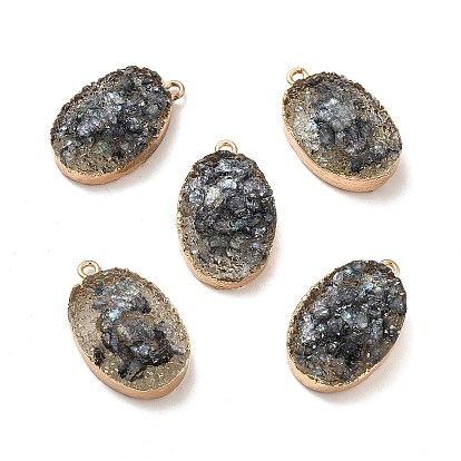 Resin Imitation Druzy Gemstone Pendants, Oval Charm, with Light Gold Tone Iron Findings and Paper Scrap Inside