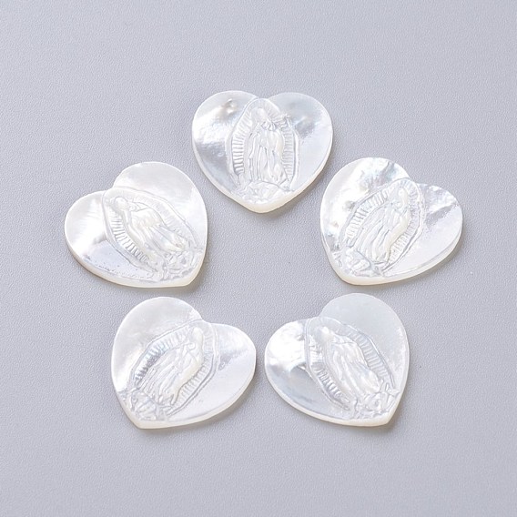 Cabochons en nacre blanche, cœur avec vierge marie