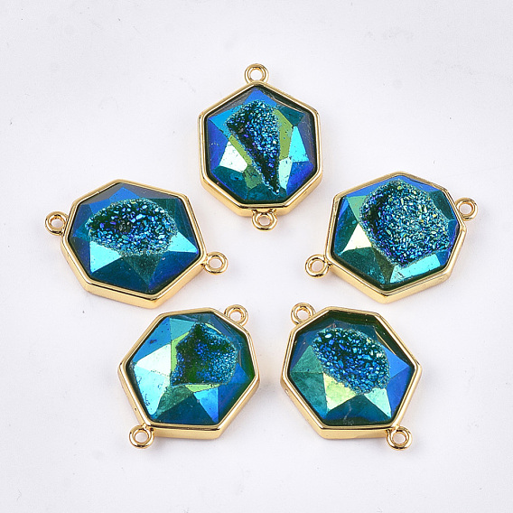 Electroplate Synthetic Druzy Agate Links Connectors, with Brass Findings, Heptagon, Golden