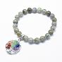 Natural Gemstone Stretch Charm Bracelets, with Alloy Pendants, Flat Round with Tree