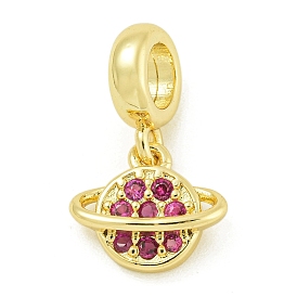 Rack Plating Brass Pave Hot Pink Cubic Zirconia Planet European Dangle Charms, Large Hole Pendants, Lead Free & Cadmium Free, Long-Lasting Plated