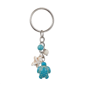 Turtle & Starfish Synthetic Turquoise Pendant Keychains, with Iron Ring