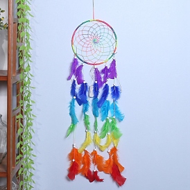 Rainbow Color Woven Web/Net with Feather Pendant Decorations, Polyester Cord Wrapped Haing Ornament with Wood Bead, for Home Decorations