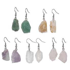 Mixed Raw Natural Gemstone Nugget Dangle Earrings, 304 Stainless Steel Jewelry for Women