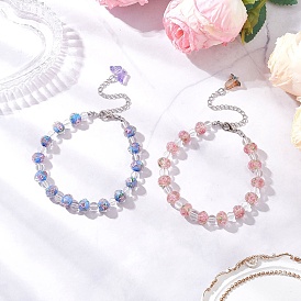 2Pcs 2 Colors Lampwork Beaded Bracelets for Women, Rondelle with Inner Flower, with Glass, Faceted