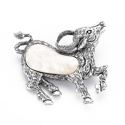 Sheep Alloy Brooch, Natural Shell Lapel Pin with Loop for Backpack Clothes Pendant Jewelry, Cadmium Free & Lead Free, Antique Silver
