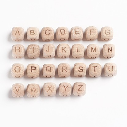 Unfinished Natural Wood Beads, Undyed, Horizontal Hole, Cube with Letter, Large Hole Beads