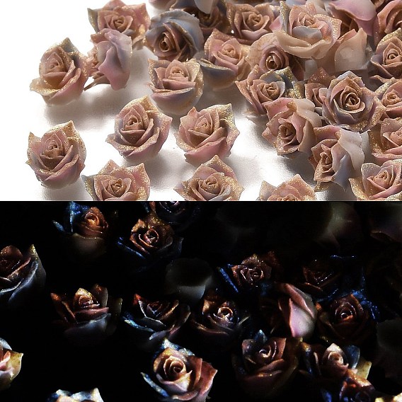 Кабошоны из светящейся непрозрачной смолы, цветок, три тона, светится в темноте, с золотой порошок блеск