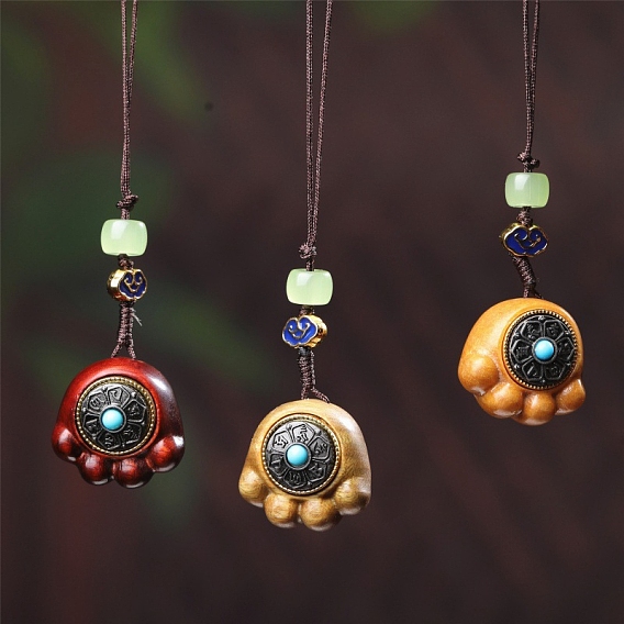 Подвеска из сандалового дерева с отпечатком кошачьей лапки и резной инкрустированной мантрой из шести символов, для внутреннего зеркала заднего вида автомобиля подвесной орнамент