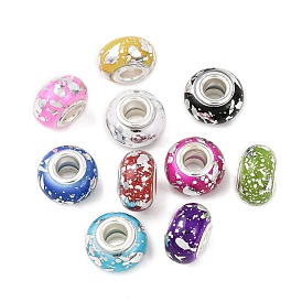 Европейские бусины-рондель из непрозрачной смолы, с серебряной фольгой и латунными двойными сердечниками серебристого тона, бусины с большим отверстием