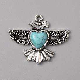 Synthetic Turquoise Pendants, with Antique Silver Tone Alloy Findings, Eagle with Heart