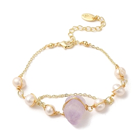 Natural Amethyst Nuggets & Pearl Link Bracelets, with Brass Chains