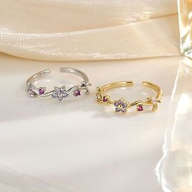 Латунные кольца-манжеты с микропаве из прозрачных кубических цирконий, цветок