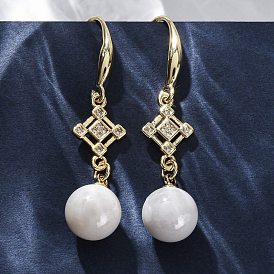 Серьги-подвески из латуни с прозрачным кубическим цирконием и прозрачным паве, с ABS имитации жемчуга, стойки покрытие, долговечный, без свинца и без кадмия, ромб