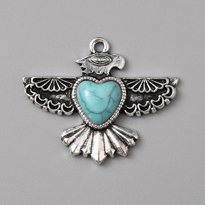 Synthetic Turquoise Pendants, with Antique Silver Tone Alloy Findings, Eagle with Heart