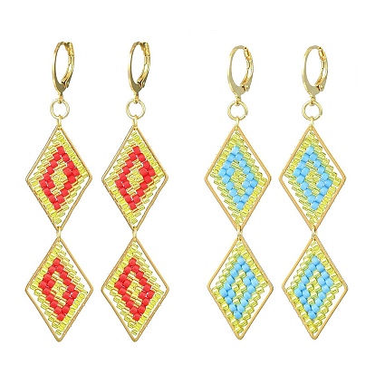 Серьги из стеклянных бусин ручной работы с застежкой-молнией, с 304 серьгами из нержавеющей стали, ромб, золотые