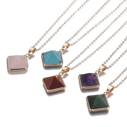 Natural Gemstone Pyramid Geometric Pendant Necklaces, with Brass Cable Chains, Golden