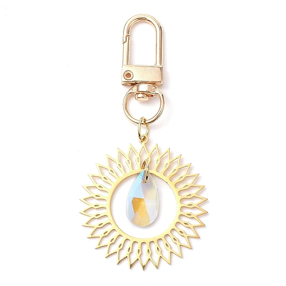 Flower 201 Stainless Steel Pendant Decorations, with Glass Pendants and Alloy Swivel Clasps