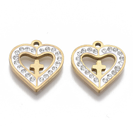 201 Stainless Steel Pendants, Crosslet Heart Pendants, with Polymer Clay Crystal Rhinestone, Heart with Cross