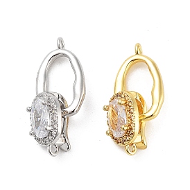 Rack Plating Brass Micro Pave Cubic Zirconia Fold Over Clasps, Cadmium Free & Lead Free, Long-Lasting Plated, Oval