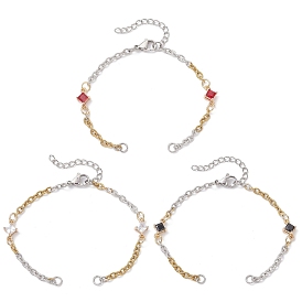 3 шт. 3 стили 304 изготовление браслета-цепочки из текстурированной нержавеющей стали, с латунным паве из стеклянного ромба, разноцветные