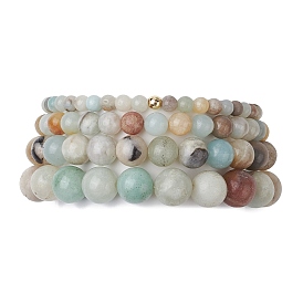 4Pcs 4 Styles Natural Flower Amazonite Stretch Bracelets, with Brass Beads, Round