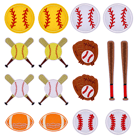 16 шт. 8 стили полиэстеровые заплатки для пришивания и утюжки, термоклей, аппликации из ткани, бейсбол