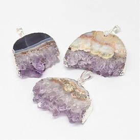 Natural Druzy Amethyst Pendants, with Brass Finding