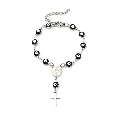 201 Stainless Steel Cross Charm Bracelet, Enamel Evil Eye Rosary Beaded Religion Theme Bracelet for Women